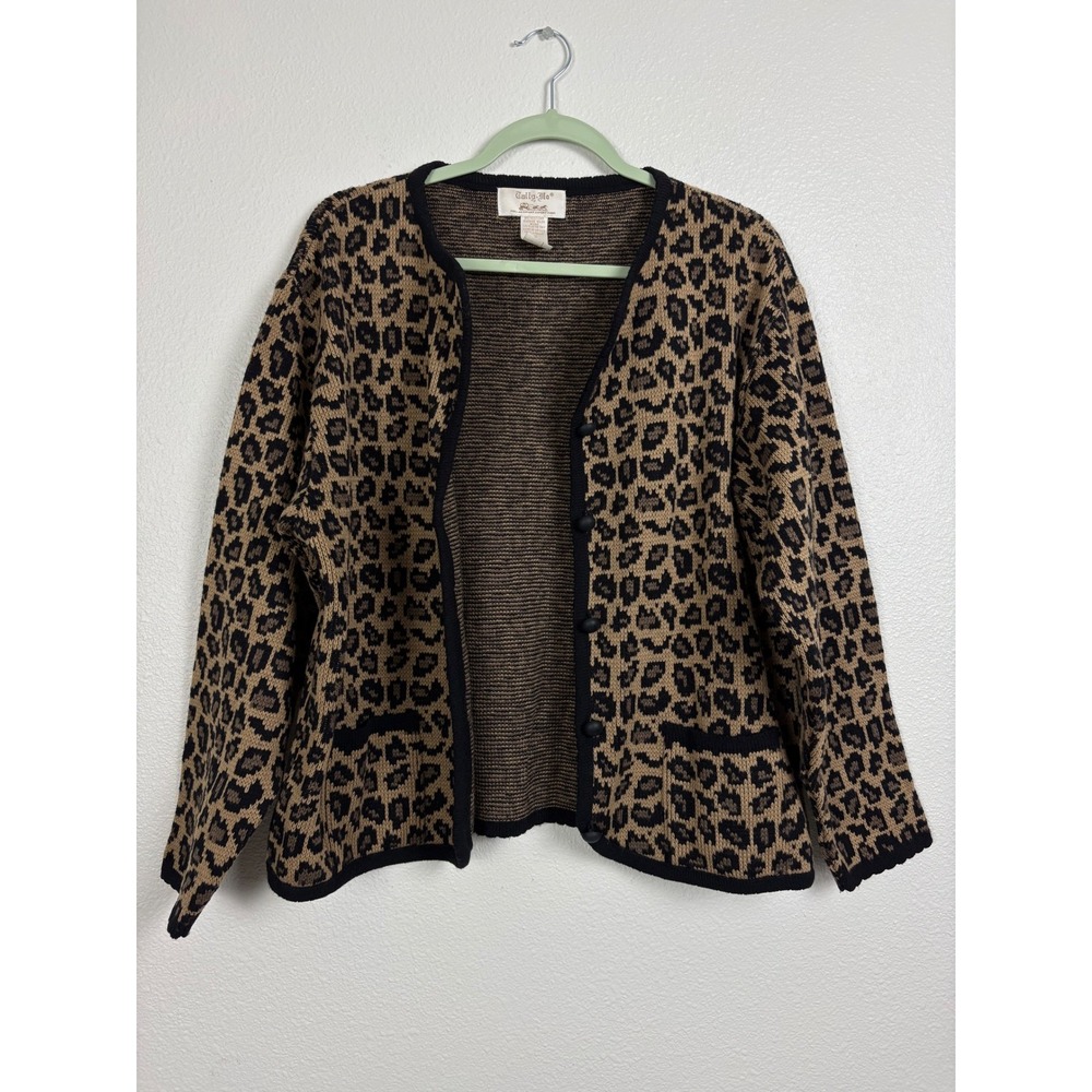 Tally-Ho Women's XL Leopard Animal Print Cardigan Sweater Vintage Acrylic